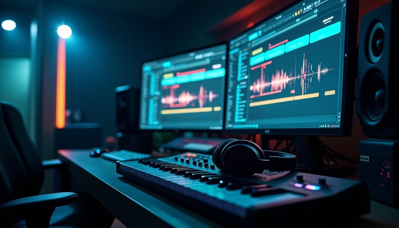 Dark music production studio with a MIDI keyboard and an orchestral score on screen